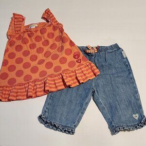 Naartjie size 2T outfit Sleeveless orange polka dot top denim capris